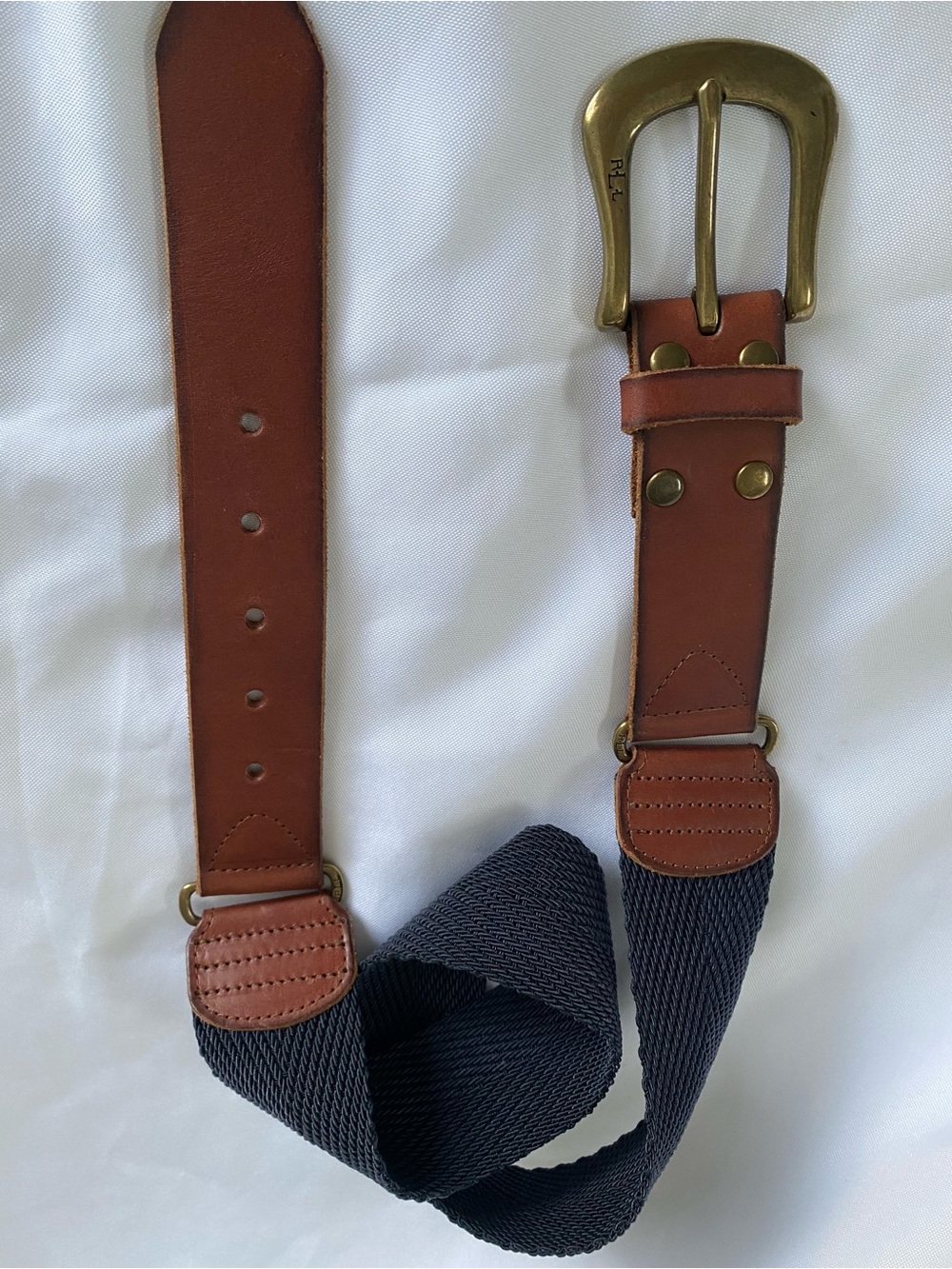 Lauren Ralph Lauren Tan Leather & Navy Woven Web Belt